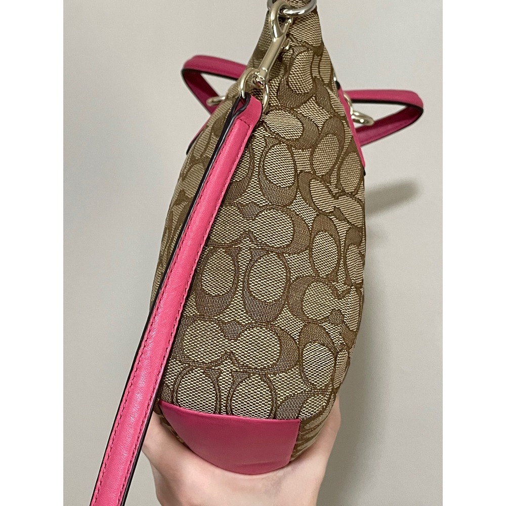 Coach Kelsey Signature Logo Canvas Leather F36625 Large Satchel Pink Khaki - Picture 10 of 14